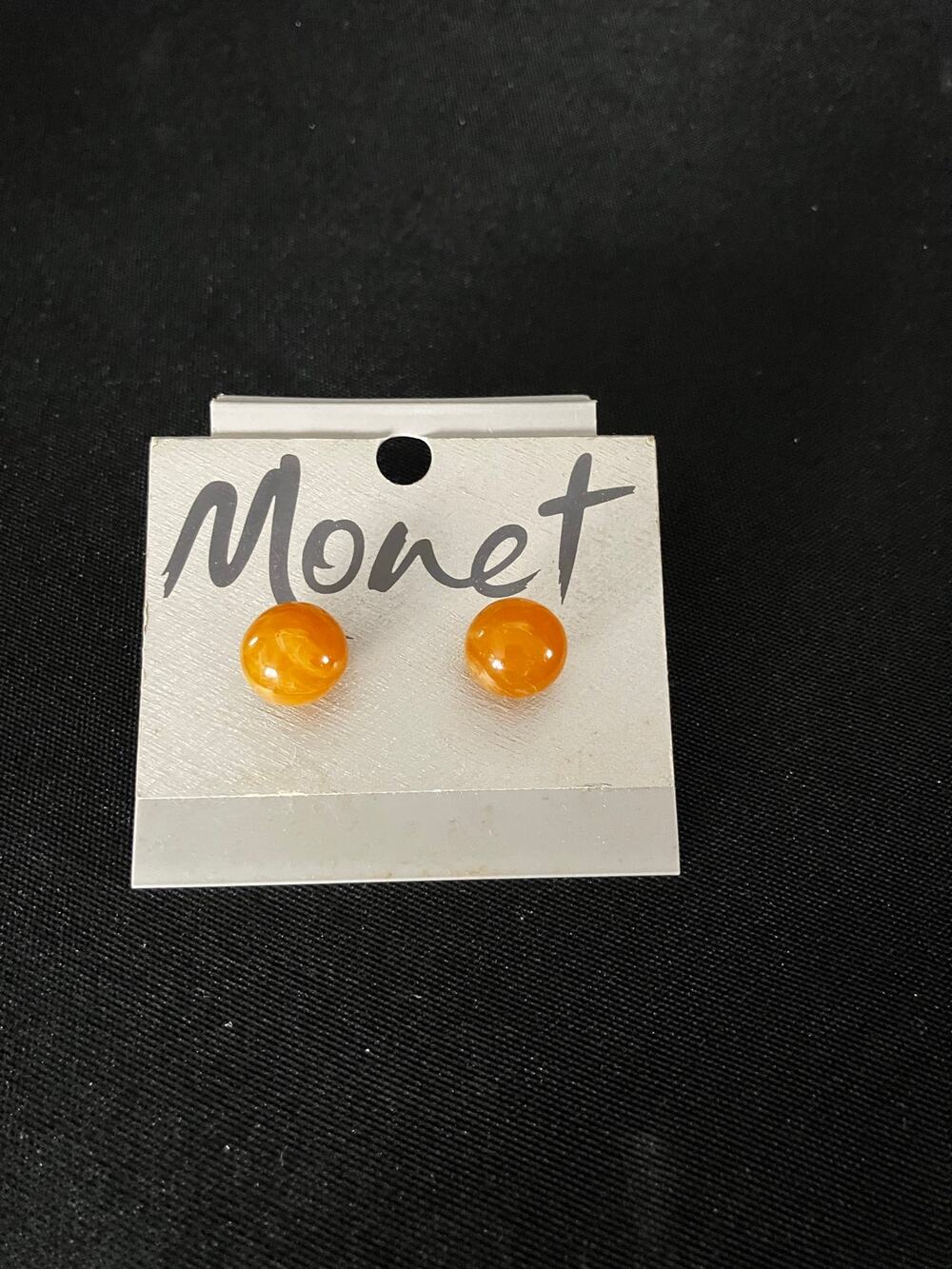 Monet Orange Round Stud Earrings Gold Tone New on Original Card 14mm